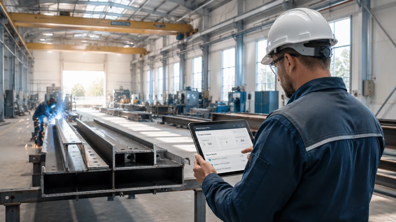 Inspector using WeldInspect Pro on a tablet in a steel fabrication workshop