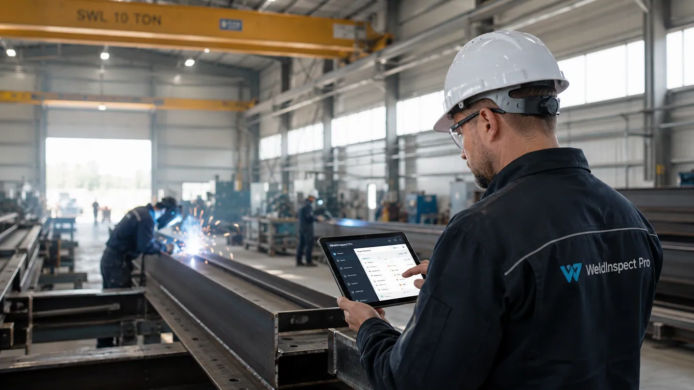 WeldInspect Pro user reviewing project records on a tablet in a steel workshop